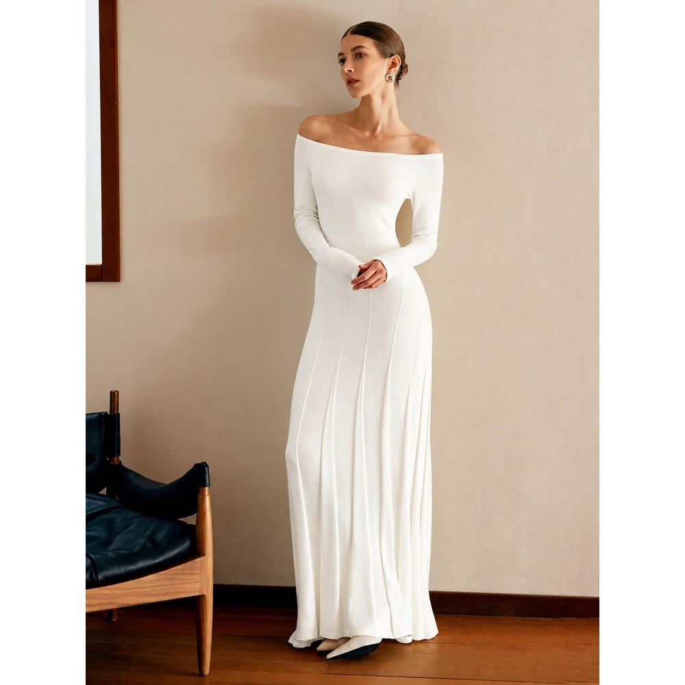 COMMENSE White Off Shoulder Pleated Knit Maxi Sweater Dress US 12 XL NWT